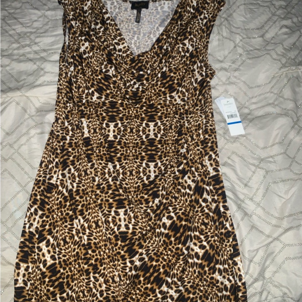 Laundry by Design Brown and Black Leopard Print Draped Neck Dress